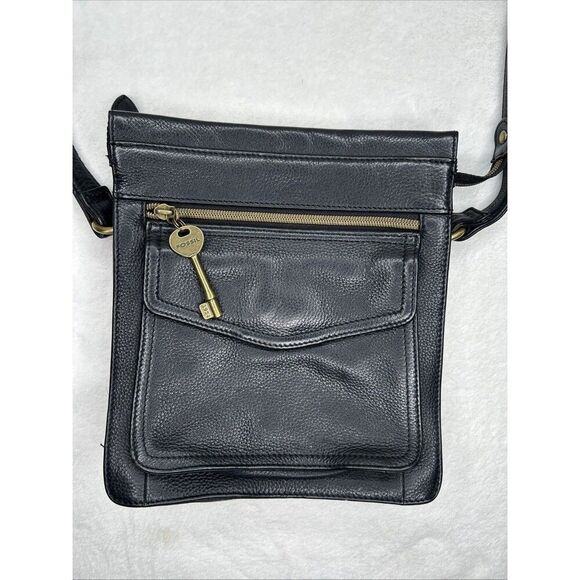 Fossil 1954 Pebbled Black Leather Crossbody Purse Shoulder Bag 75082 With Key 9" - Picture 1 of 9